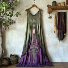 Load image into Gallery viewer, Vintage Viking Tribal Celtic Knot Life Of Tree Lace Patchwork Art Linen Tank Dress