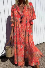 Load image into Gallery viewer, Meridress Ruched Button Down Balloon Sleeves Printed Maxi Dress