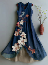 Load image into Gallery viewer, Women's Vintage Floral Embroidery Contrast Design Linen Sleeveless Dress