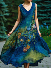Load image into Gallery viewer, Vintage Oil Floral Embroidered Art Comfy V Neck Linen Maxi Dress