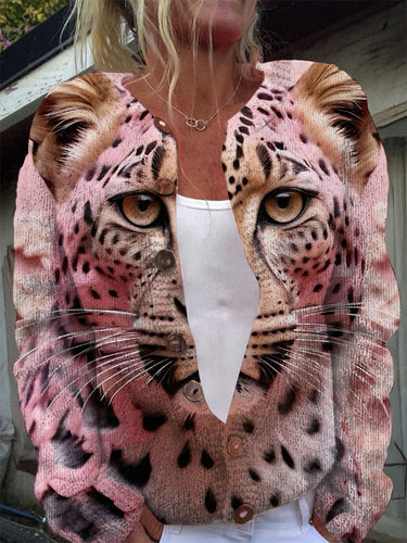 Vintage Pink Leopard Print Casual Button Cardigan