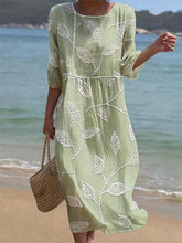 Load image into Gallery viewer, Women's Casual  Round Neck Mid Sleeve Print Cotton and Linen Dress