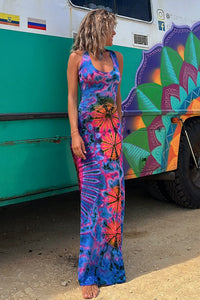 Barbie La Bamba Tie-dye Print Back Lace-up Stretch Maxi Dress