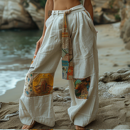 Resort Linen Ethnic Print Loose Bohemia Style Trousers