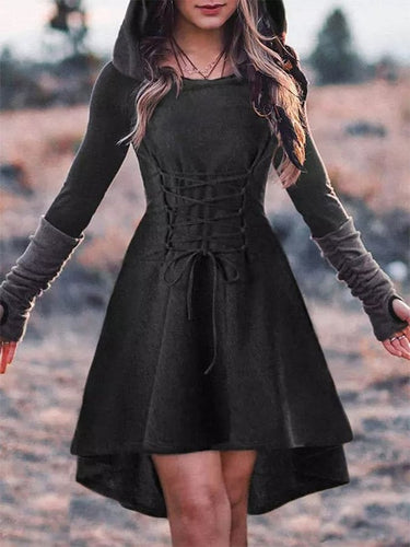 Vintage Long Sleeve Hooded Lace Up Dress