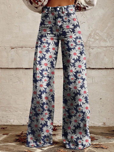 Women's Blue and White Daisy Print Casual Wide Leg Pants
