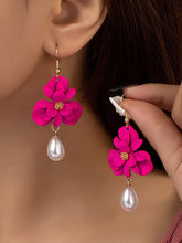 Load image into Gallery viewer, Sweet Imitation Pearl Rose Red Flower Earrings