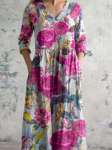 Women's Elegant V-Neck Floral Pattern Cotton and Linen Dress