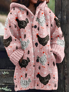 Cute Chicken Graphic Vintage Cozy Hooded Cardigan