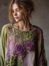 Load image into Gallery viewer, Vintage Purple Roses Forest Patchwork Flowy Linen Tunic