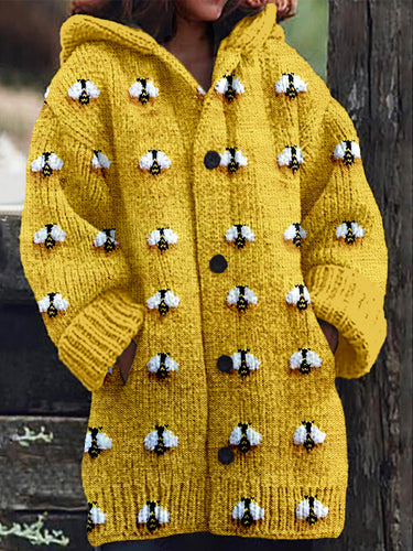 Cute Fuzzy Bee Embroidery Art Comfy Cardigan