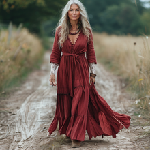Load image into Gallery viewer, Women's Vintage Pastoral Style V-neck Linen Long-sleeve Maxi Long Dress