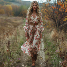 Load image into Gallery viewer, Women's Retro V-neck Floral Long-sleeve Bohemian Pastoral Style Maxi Long Dress