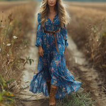 Load image into Gallery viewer, Women's Retro V-neck Floral Long-sleeve Bohemian Pastoral Style Maxi Long Dress