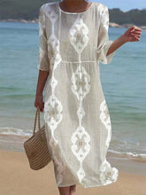 Load image into Gallery viewer, Women's Casual  Round Neck Mid Sleeve Print Cotton and Linen Dress