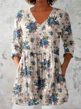 Load image into Gallery viewer, Women's Elegant Floral Pattern Round Neck Cotton and Linen Top