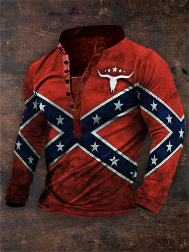 Men's Southern Bull Skull Rebel Flag Inspired Henley Shirt