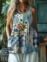 Load image into Gallery viewer, Cottage Floral Plaid Fiber Art Pattern Linen Tank Top ce00
