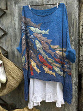 Load image into Gallery viewer, Women's Vintage Fish Patchwork Art Linen Blend Shirt