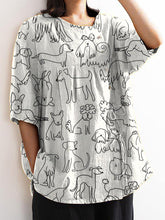 Load image into Gallery viewer, Women's Black and White Line Puppy Print Casual Cotton And Linen Shirt