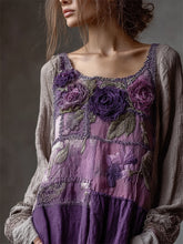 Load image into Gallery viewer, Vintage Purple Flowers Boho Lace Patchwork Linen Tunic