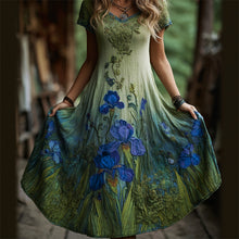 Load image into Gallery viewer, Oil Painting Inspired Irises Embroidered Flowy Linen Dress