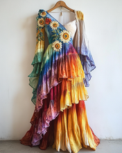 Load image into Gallery viewer, Rainbow Linen Ruffle Daisy Embroidery Irregular Dress 4d6d