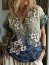 Load image into Gallery viewer, Classy Vintage Japanese Sakura Cherry Blossoms Embroidered Pattern Linen V Neck T-shirt