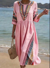 Load image into Gallery viewer, Women's Casual  Round Neck Mid Sleeve Print Cotton and Linen Dress