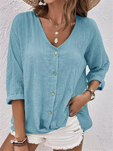 V Neck Cotton-Blend Linen Plain Blouse