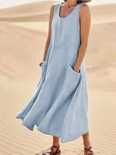 Load image into Gallery viewer, Women Sleeveless Sundress Elegant Round Neck Cotton Linen Solid Long Tank Casual Summer Dress
