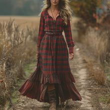 Load image into Gallery viewer, Women's Vintage V-neck Bohemian Pastoral Plaid Style Long-sleeve Maxi Long Dress