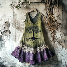 Load image into Gallery viewer, Viking Tribal Celtic Knot Life Of Tree Lace Patchwork Art Linen Tank Dress