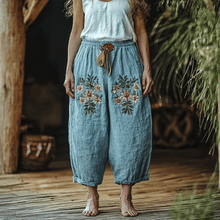 Load image into Gallery viewer, Women's Linen Bohemian Floral Style Cropped Harem Trouser Pants