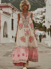 Load image into Gallery viewer, Women's Pink Rose Embroidery V-neck Loose Linen Blend Maxi Dress