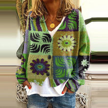 Load image into Gallery viewer, Vintage Printed V-Neck Long Sleeved Knitted Cardigan