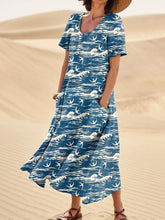 Load image into Gallery viewer, Swallow And The Sea Seamless Repeat Pattern Printed Women's Linen Pocket Dress