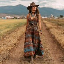 Load image into Gallery viewer, Women's Vintage Western Geometric Print V-neck Slip Maxi Dress