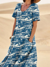 Load image into Gallery viewer, Swallow And The Sea Seamless Repeat Pattern Printed Women's Linen Pocket Dress