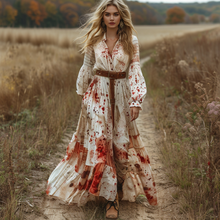 Load image into Gallery viewer, Women's Retro V-neck Pastoral Halloween Party Style Long-sleeve Maxi Long Dress