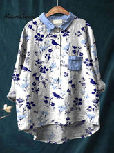 Load image into Gallery viewer, Decorative Pattern of Flowers and Birds In Blue Tones Casual Cotton And Linen Shirt