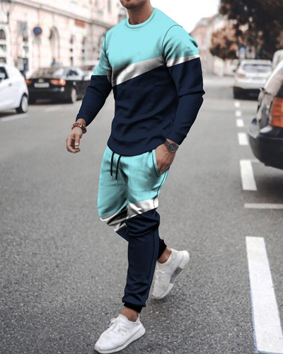 Men's casual color matching long-sleeved sports set 004