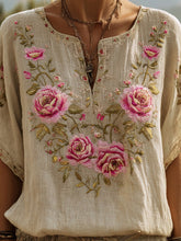 Load image into Gallery viewer, Vintage Pink Roses Embroidered Lace Patchwork Linen T Shirt
