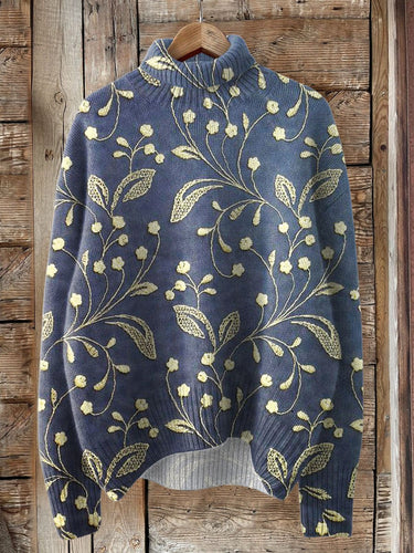 Vintage Lovely Floral Art Print Knit Turtleneck Pullover Sweater