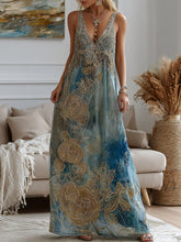 Load image into Gallery viewer, Vintage Marble Texture Collection Retro Bohemia Gradient Gilded And Rose Pattern Linen Maxi Dress