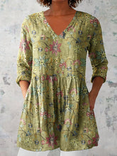 Load image into Gallery viewer, Women's Elegant Floral Pattern Round Neck Cotton and Linen Top