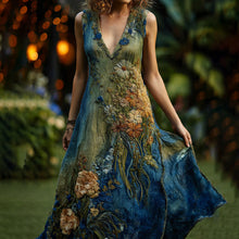 Load image into Gallery viewer, Vintage Floral Embroidered Contrast Linen Maxi Dress