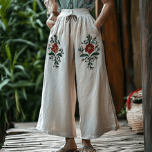 Load image into Gallery viewer, Women's Linen Bohemian Floral Cropped Trouser Pants