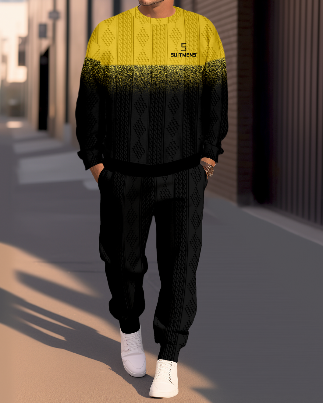 Men's Textured Jacquard Round Neck Casual Sports Set  007