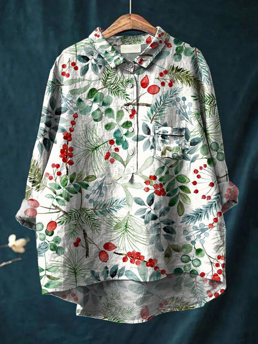 Women's Watercolor Fruit Botanical Floral Print Casual Cotton And Linen Shirt